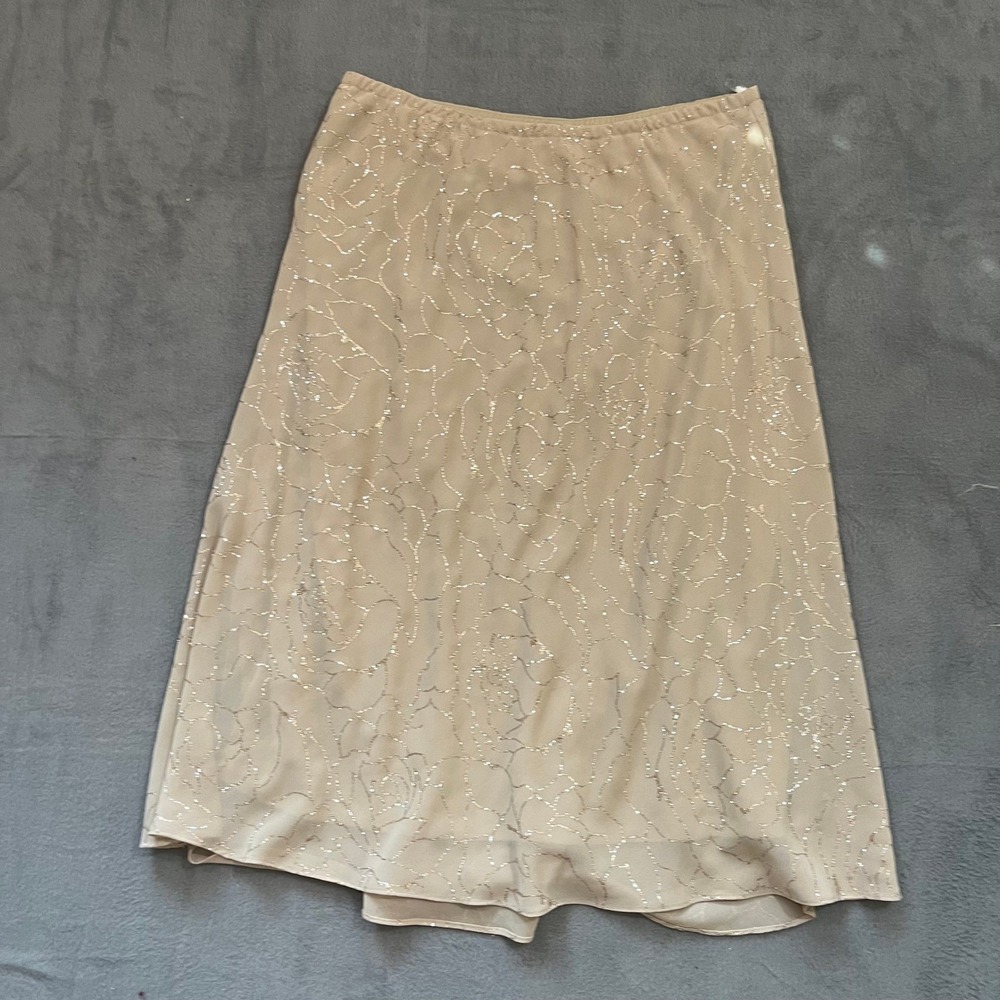 VTG Womens 14W Champagne Floral Sparkle A Line Midi Skirt